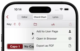 Play along with chord charts. Autoscroll, transpose, export, print, share