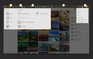 The main menu to control and access all the functional areas: (1) Create new content or install the most popular extensions; (2) Switch between the content area and the Intelligence section; (3) Access any of the active applications and extensions; (4) Retrieve content using keywords or tags with autocompletion; (5) Access additional Platform areas