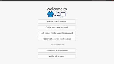 Jami login page. Optional advanced options for SIP or JAMS. Linux.