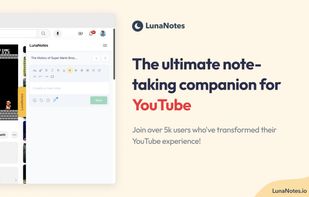 LunaNotes integrates seamlessly with YouTube, allowing users to watch videos and take notes simultaneously. The main interface highlights key features such as time-stamped annotations, searchable notes, and easy navigation to enhance the video-watching and note-taking experience.