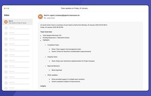 Smart AI summaries:
You get a concise email every morning, highlighting key updates, completed tasks, challenges, and potential risks.