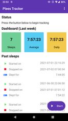 Plees Tracker main page showing sleep averages and past sleeps.