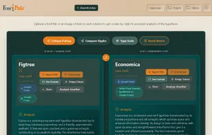 Side-by-side font analysis comparing two typefaces with detailed breakdowns of classification, characteristics, mood, and professional recommendations.