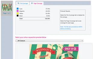 Printcalc showing page results with full colour image selected.