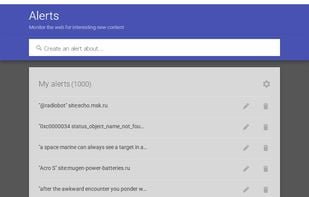 Main window of Google Alerts web app — "monitor the web for interesting new content"