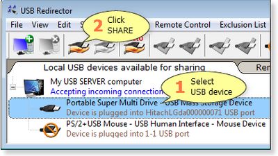 Share required USB device on USB server.