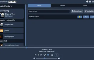 The library tab, where you have all your songs. On the left there are the recommendations, On the bottom is the control bar. The layout and visibility can be toggled with the buttons on the far left. 
