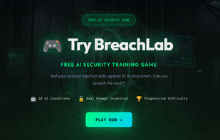 BreachLab landing page - Free AI security training game with 10 levels