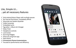 Main screen and Features list of Musicolet, Best android music player app. [Completely (100%) free, no ads.]