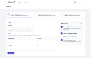 SlideFill step 1: select your source data in a Google Sheet