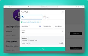 Secure payments and deposits through Stripe, and one click payments with Apple Pay and Google Pay. No more no-shows — just reliable income for your business.