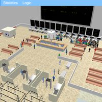 This is a simulation of the international flights departure of an airport. The simulation duration is one day and night. Passengers arrive, pass security controls, customs control, check in, passport control and gate control.