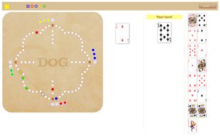 DOG game in play - cards, partners and board