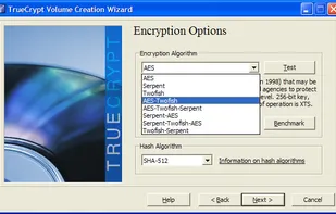 TrueCrypt Volume Creation Wizard – encryption/hash algorithms