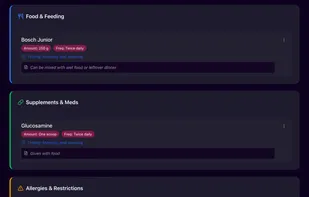 Detailed diet descriptions, shareable via link or QR code with vets, pet sitters, boarding facility, or in case of emergency.