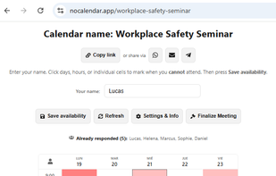 Coordinating a team seminar with NoCalendar. The visual heatmap reveals the perfect slot based on the availability of 5 participants, featuring the 'Finalize Meeting' admin control for the organizer.