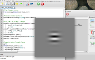 stimulus presentation (front), builder view (background) and code view (middle)