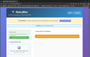 Query interface: Load your files, ask questions, export.