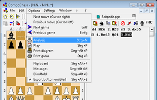 From the Options menu of CompoChess you'll be able to select the analysis tool, print the game or diagram.