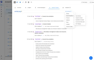 The Activity Timeline gives a detailed chronological view of all interactions happening in an account. Filter activities by source (GitHub, Documentation, Slack, Website, Product Logins, etc) to track developer intent, feature adoption, and research patterns in real-time.