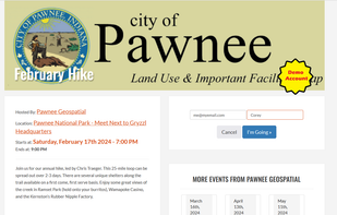 Event detail page.  Event info on the left, easy email-based RSVP top right, additional events listed bottom right.  (No login required to RSVP.  Only email.)