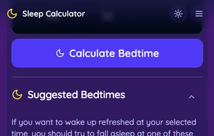 After tapping Calculate, the app reveals a “Suggested Bedtimes” section. It lists three color-coded cards—for example 9:15 PM (9 h • Ideal for recovery), 10:45 PM (7 h 30 m • Optimal), and 12:15 AM (6 h • Minimum)—each accompanied by an icon indicating sleep-quality level. A brief “Sleep Quality Guide” legend appears at the bottom to explain the color codes.