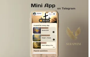 SERAPHIM mini-app on Telegram: Daily Bible verses, inspirational quotes, devotionals, and task tracking with rewards, all in a clean interface.