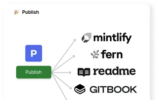 Deploy Anywhere

Open PRs to your docs repo or deploy directly to your docs provider—Mintlify, Fern, Readme, GitBook, Zendesk, and more. Complete end-to-end automation from code changes to published documentation.

