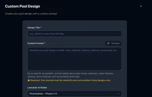 Design a custom pool and backyard concept with our custom prompt generator. Generate up to 4 views of the same backyard with photo realistic results.