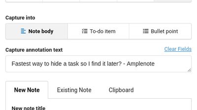 The Web Clipping browser extension: Amplecap.
Amplecap support capturing web pages fully or partially, as well as selecting individual paragraphs of text or capturing URLs.
Amplecap can be invoked from anywhere using a keyboard shortcut, making for lightning-fast task creation.
