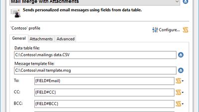 Mail Merge with Attachments. Sends personalized email messages using fields from data table.