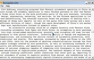 Showing simple GUI and extracted/salvaged text from a corrupt Word 2007 file.