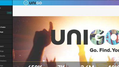 The homepage of Unigo with the sidebar open.