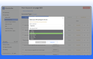 FlowScribe dashboard to generate content and publish pages to Webflow