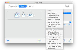 Programmable actions include play alarms with your favorite sound, display a message defined by you, speak a message, announce the time, and a lot of more actions available as Pro features as: play iTunes files or iTunes playlists and stop iTunes; sleep, restart, shut down the computer; launch and quit an application; open a file; run an AppleScript file script; launch a web address and send an email with custom text and optional tags as current local time, running processes (visible or invisible), current application log. The included default actions are: play alarms with your favorite sound, display a specific message, speak a specific message and announce the time.