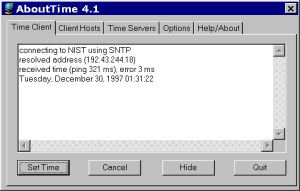 Here is a typical client session. In this example, AboutTime reports a 3 millisecond difference between the local computer's clock and the network time server.