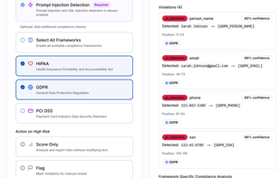 Detailed violation breakdown showing detected PII types, confidence scores, and framework-specific compliance analysis