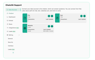 Easily import your data from files (PDF, Doc, Markdown, TXT) or websites, and ChatofAI will train your chatbot using that data.