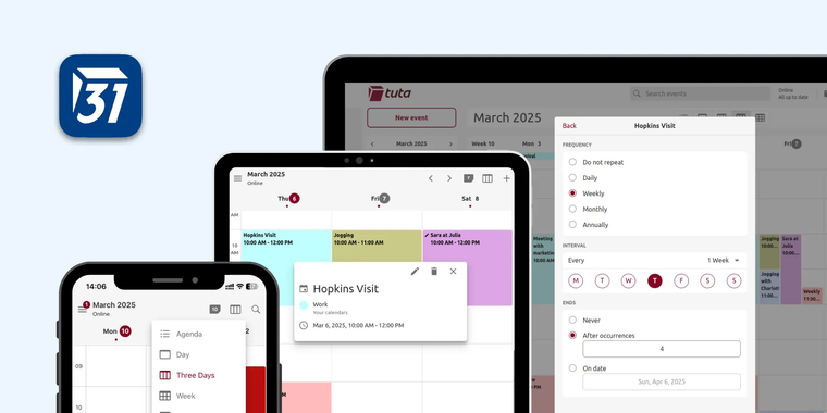Tuta Calendar introduces improved repeat rules, a three-day view, calendar names, and more image
