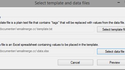 Select which files are your template (Word, plain text or HTML file) and your data (Excel spreadsheet).