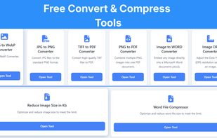 Free convert and compress tools section including PNG to WebP converter, JPG to PNG converter, TIFF to PDF converter, PNG to PDF converter, image to Word converter, and image DPI converter.