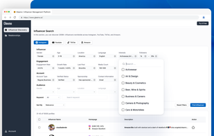 Use 30+ advanced filters to find the perfect influencer from a database of over 100 million influencers across Instagram, YouTube, TikTok, and Amazon.