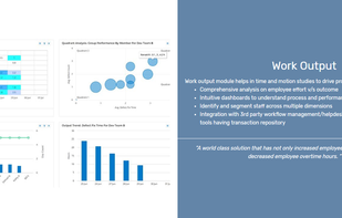 Work Output : Provides a comprehensive view of business output delivered at an individual and team level.
Help compare performance by leveraging reports like quadrant analysis, heat maps and scatter plots.
