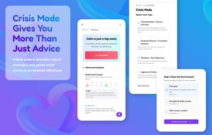 Three mobile screens show NeuroParent’s Crisis Mode. The app offers immediate support for sensory overload, emotional distress, shutdowns, and outbursts. Step-by-step guidance helps calm the environment. The header reads, “Crisis Mode Gives You More Than Just Advice.”