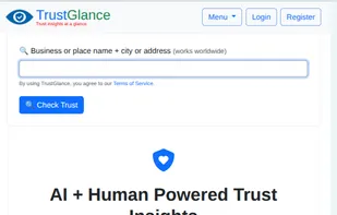 TrustGlance homepage — enter any business or place to instantly see AI + human-powered trust insights with clear ratings and summaries.