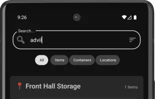 Search results for "Advil" in the users's SmartStow inventory, showing where the advil is stowed.
