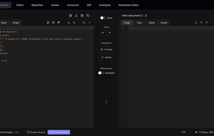 Powerful formatter that instantly transforms messy JSON into beautifully indented, readable code with real-time syntax highlighting. The formatter automatically detects errors and validates JSON structure as you type, ensuring your code is always valid