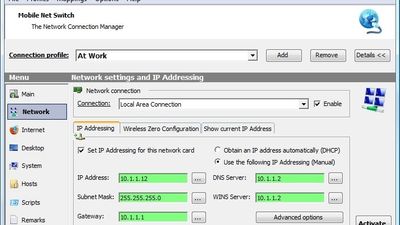 The Network page; Allows you to specify IP Addressing settings and advanced options like the Windows Firewall, DNS Suffix and what network adapter should be enabled and disabled