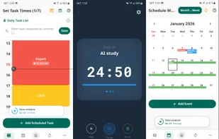 Time-blocked daily planner (left), distraction-free Pomodoro timer showing only ONE task (center) and calendar view for multi-day scheduling (right)