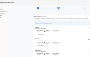 Step 2 of wizard: Configure fields per object with Required Only, All Fields, or Custom Selection options